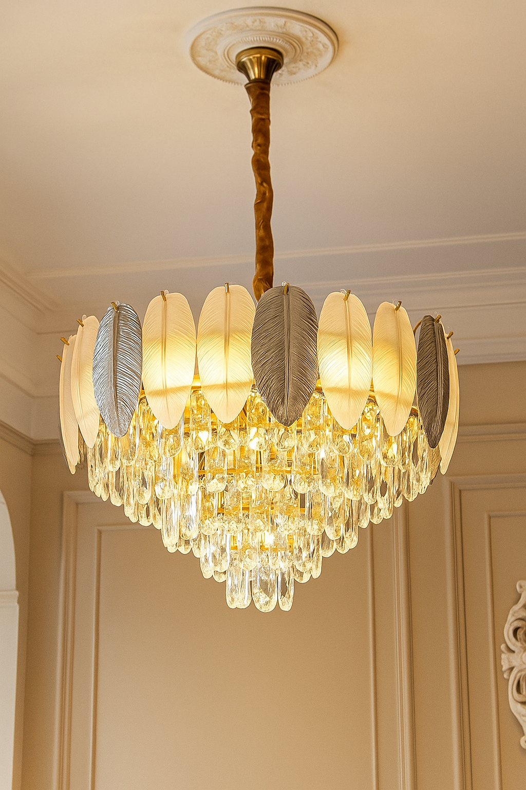 Hdc Feather Glass Crystal Gold Metal Led Chandelier Hanging Suspension Lamp - Tricolor