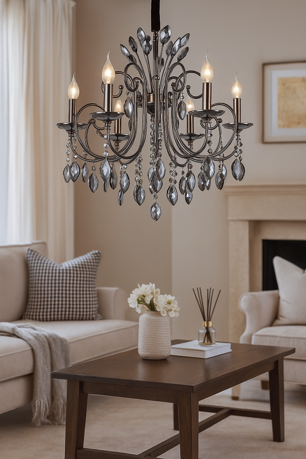 HDC 6-Light Luxe Pearl-Black Crystal Elegance Chandelier For Living Room