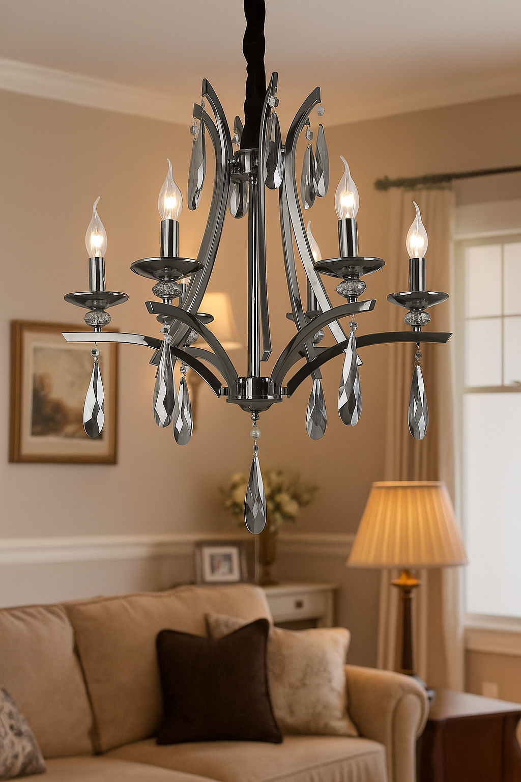HDC 6-Light Elegant Pearl Black Crystal Chandelier – Luxe Curved Arm Design