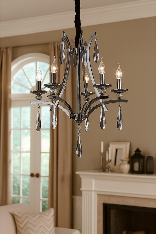 HDC 6-Light Elegant Pearl Black Crystal Chandelier – Luxe Curved Arm Design