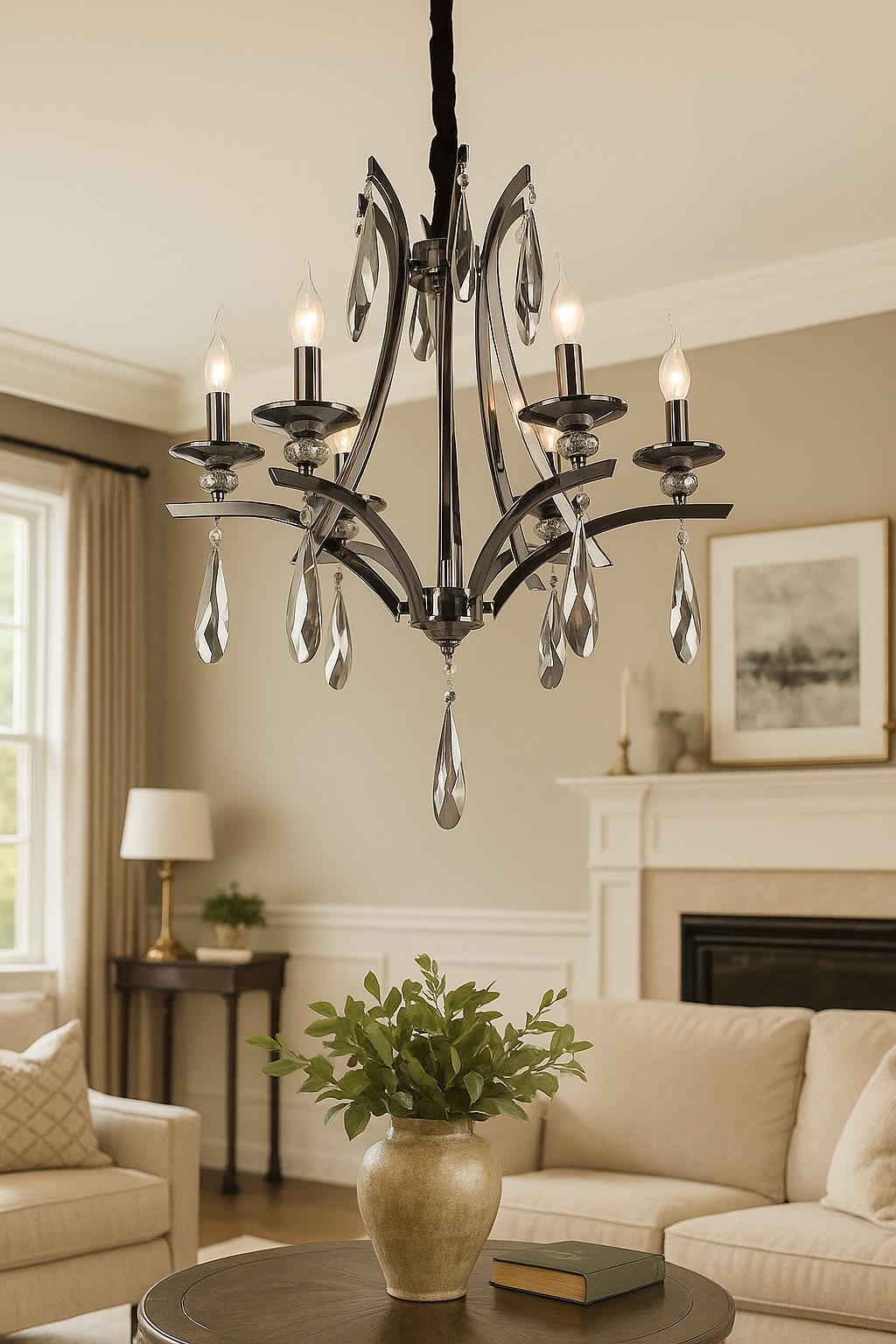 HDC 6-Light Elegant Pearl Black Crystal Chandelier – Luxe Curved Arm Design