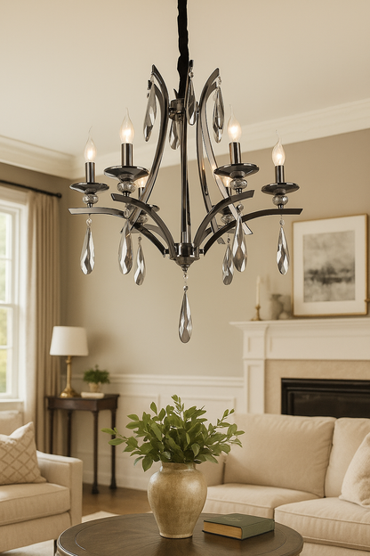 HDC 6-Light Elegant Pearl Black Crystal Chandelier – Luxe Curved Arm Design