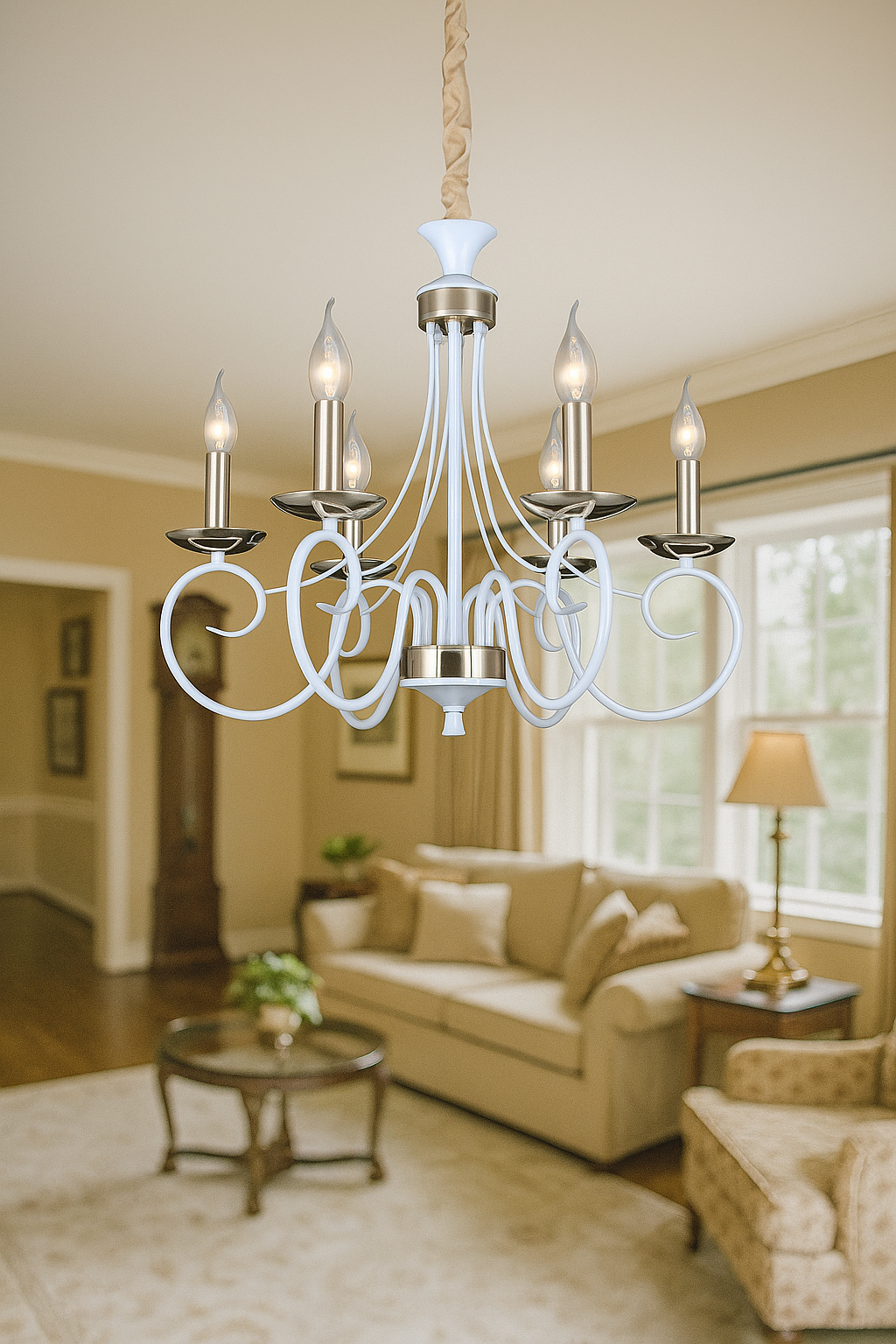 HDC 6-Light Classic Decorative Elegant French-White Curved Arm Chandelier with Gold Accents