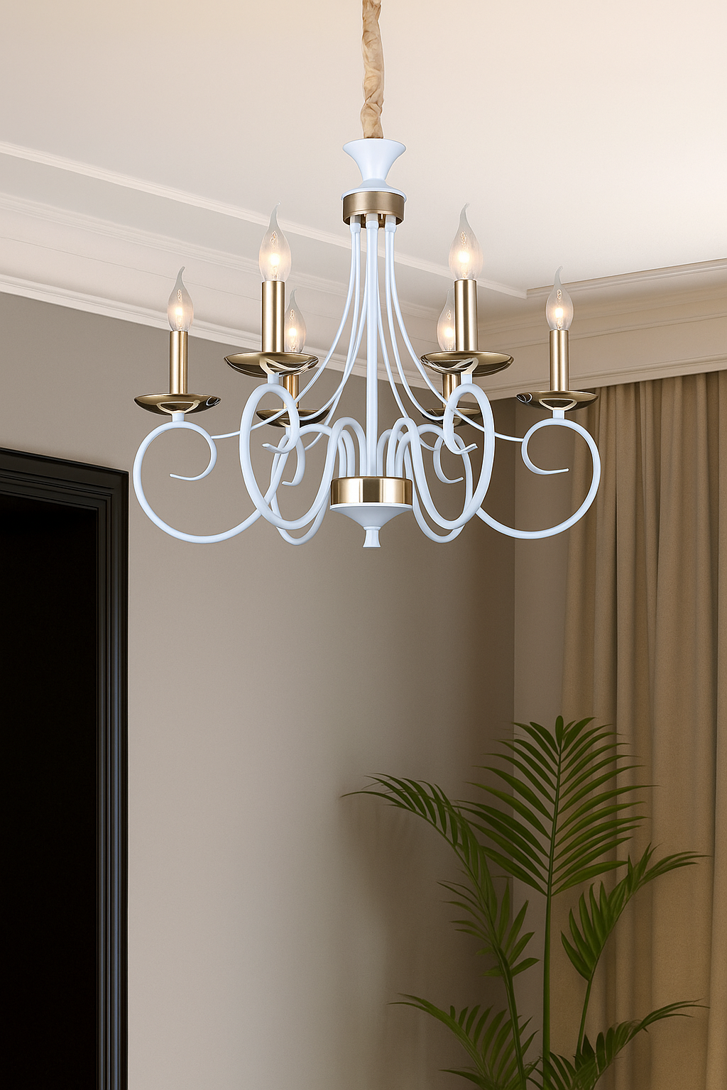 HDC 6-Light Classic Decorative Elegant French-White Curved Arm Chandelier with Gold Accents