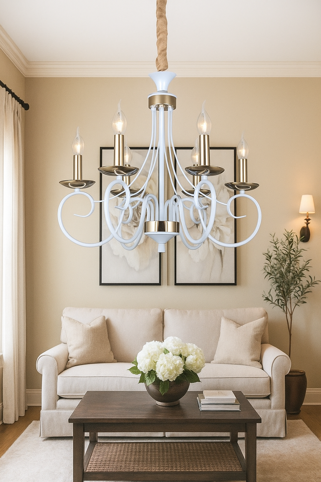 HDC 6-Light Classic Decorative Elegant French-White Curved Arm Chandelier with Gold Accents