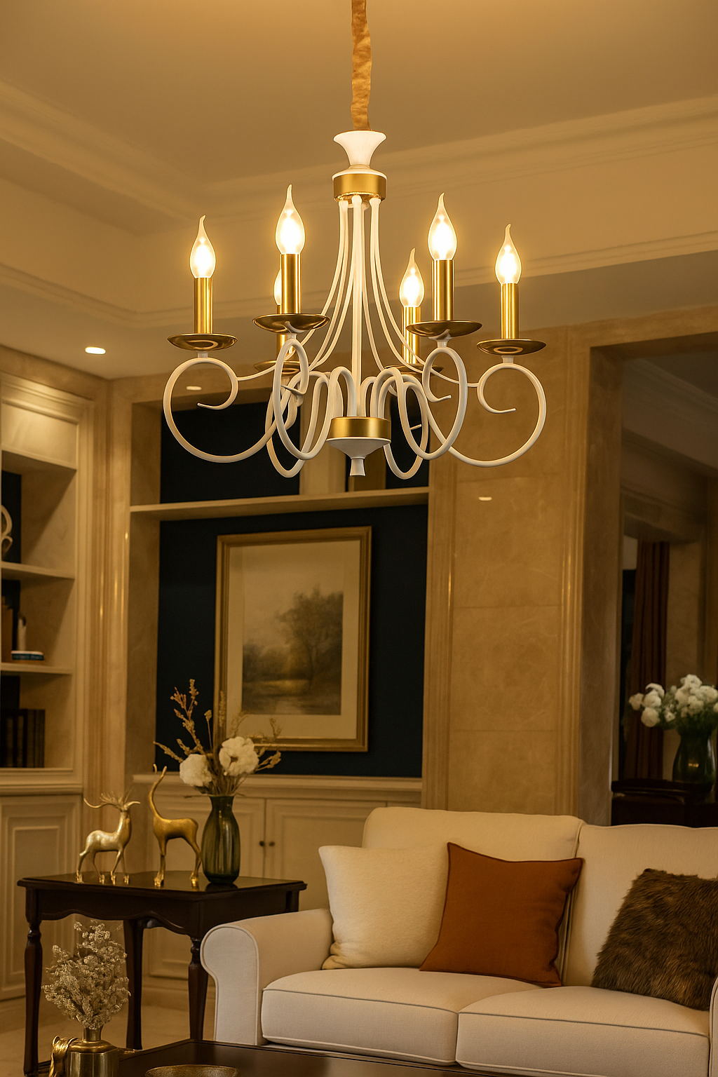 HDC 6-Light Classic Decorative Elegant French-White Curved Arm Chandelier with Gold Accents