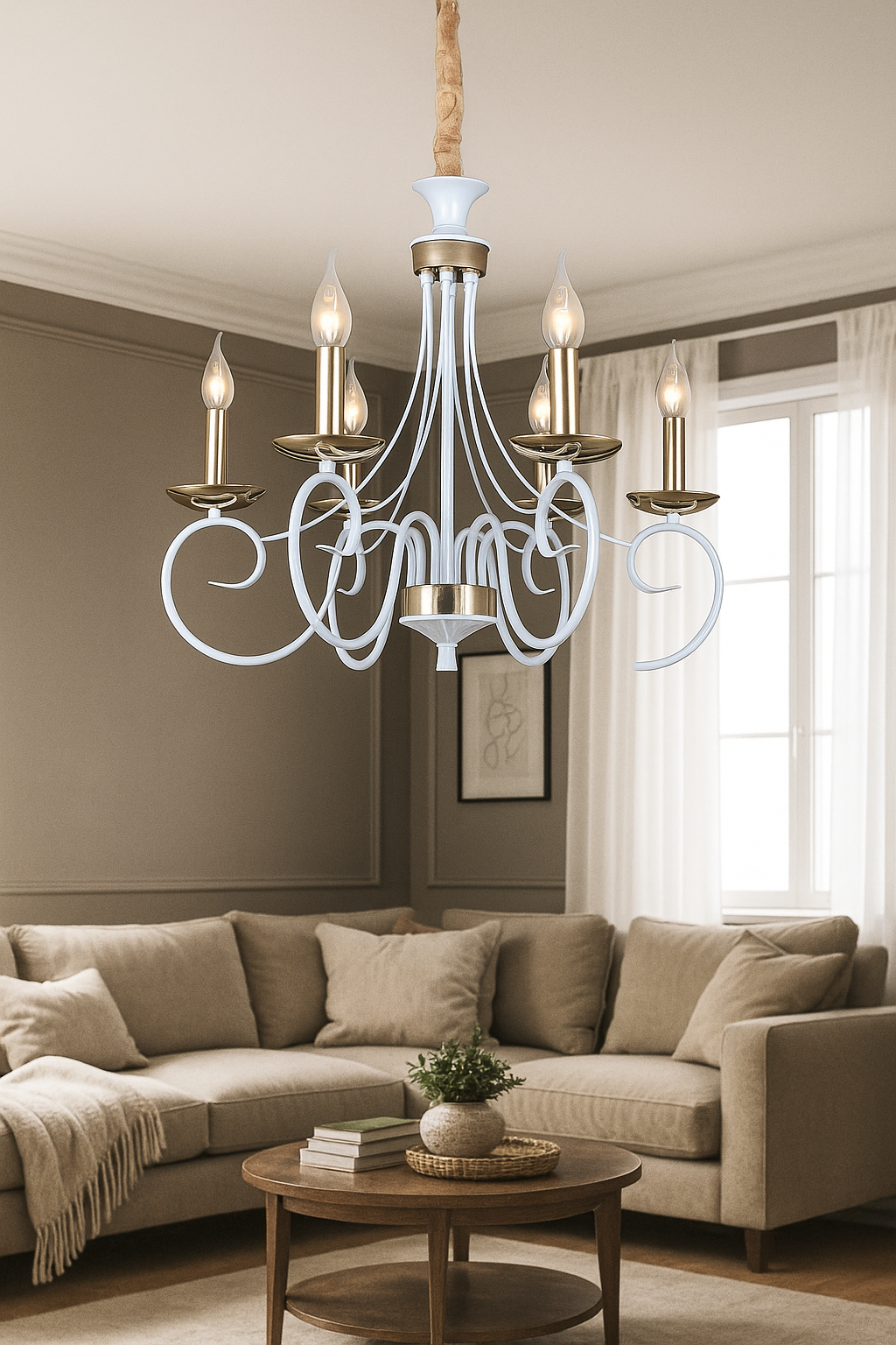 HDC 6-Light Classic Decorative Elegant French-White Curved Arm Chandelier with Gold Accents