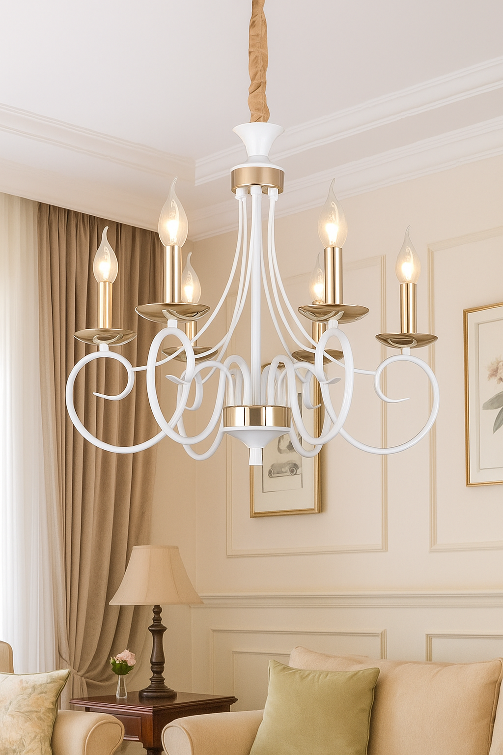HDC 6-Light Classic Decorative Elegant French-White Curved Arm Chandelier with Gold Accents