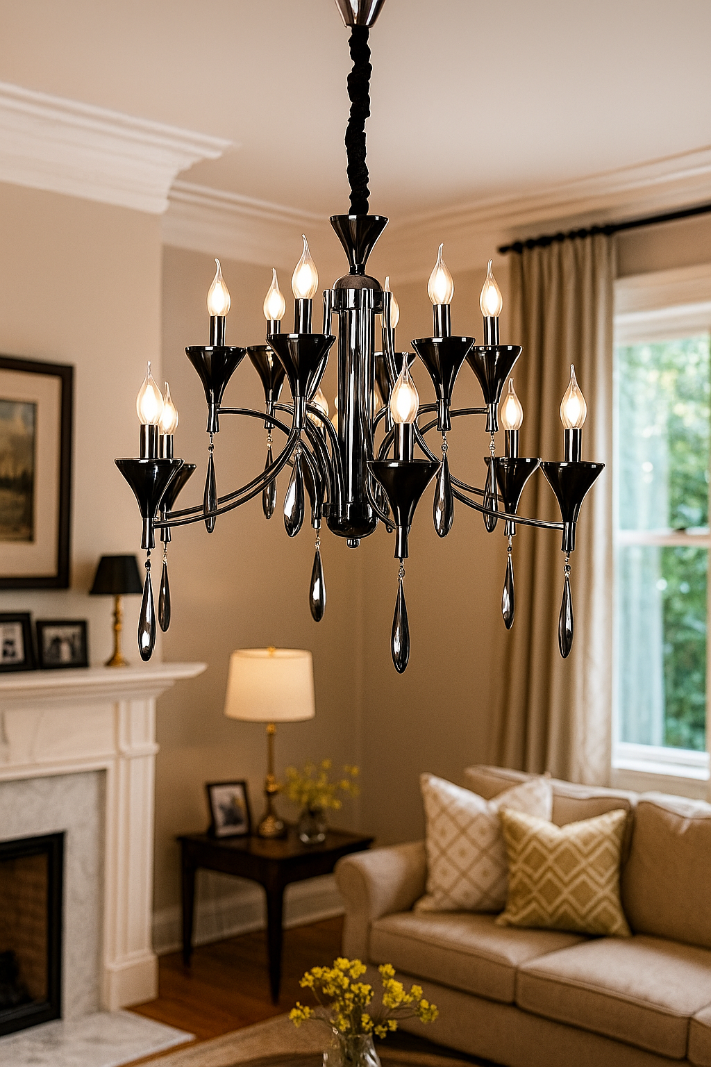 HDC 12-Light Elegant Pearl Black & Smoke Grey Crystal Chandelier For Living Room