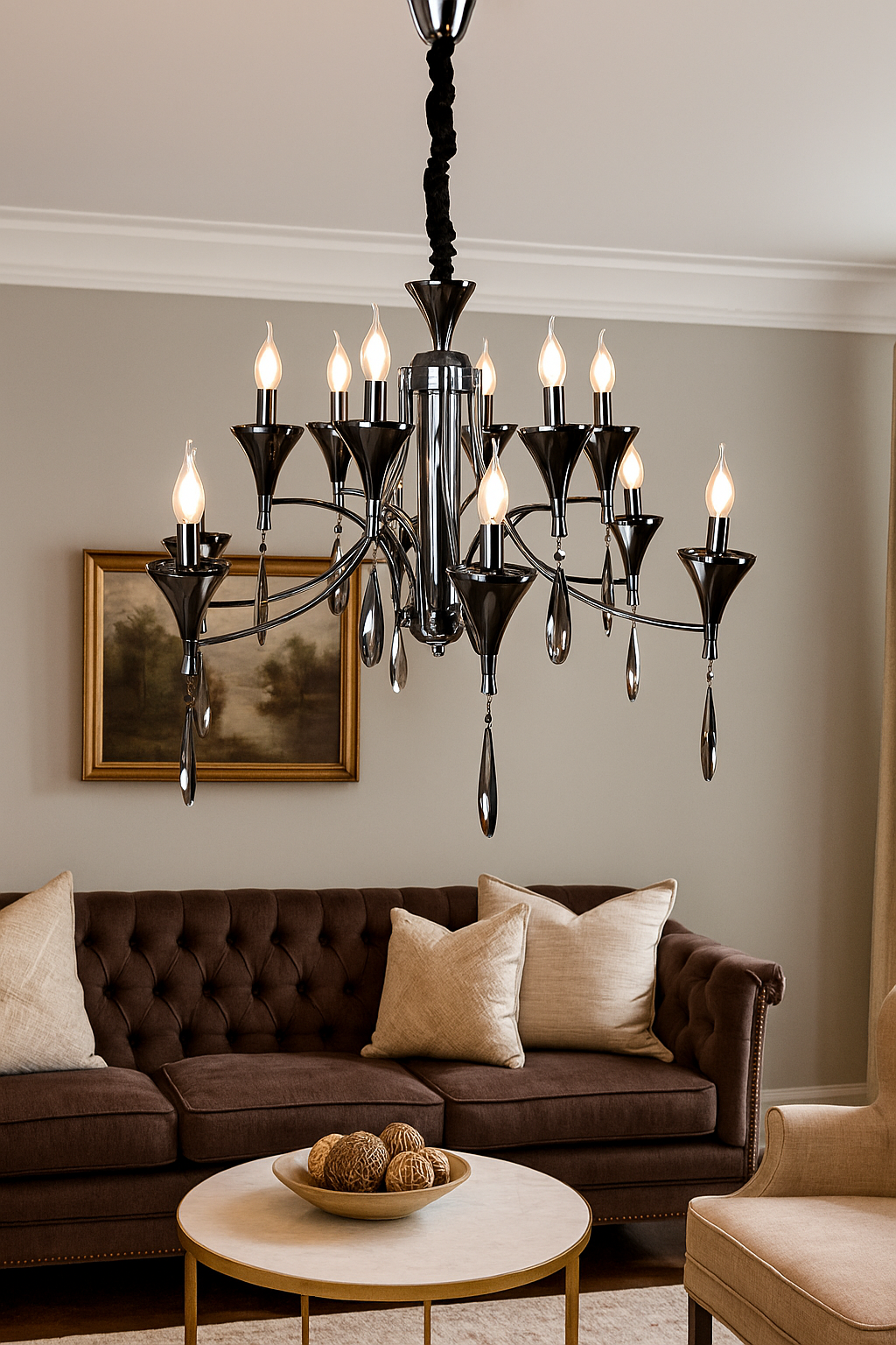HDC 12-Light Elegant Pearl Black & Smoke Grey Crystal Chandelier For Living Room
