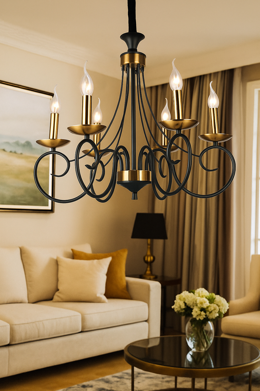 HDC 6-Light Decorative Classic Matt Black & Antique Gold Chandelier