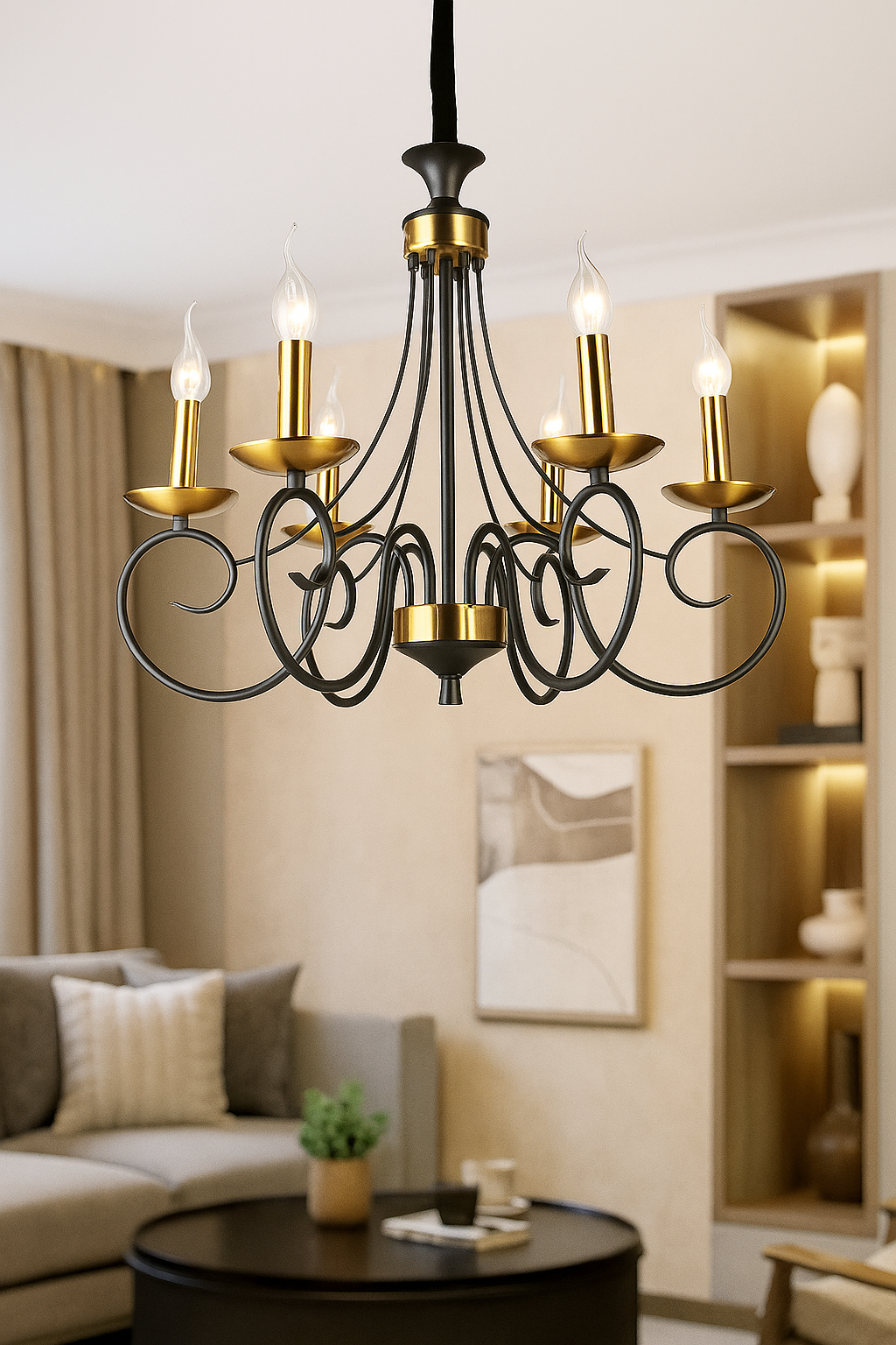 HDC 6-Light Decorative Classic Matt Black & Antique Gold Chandelier