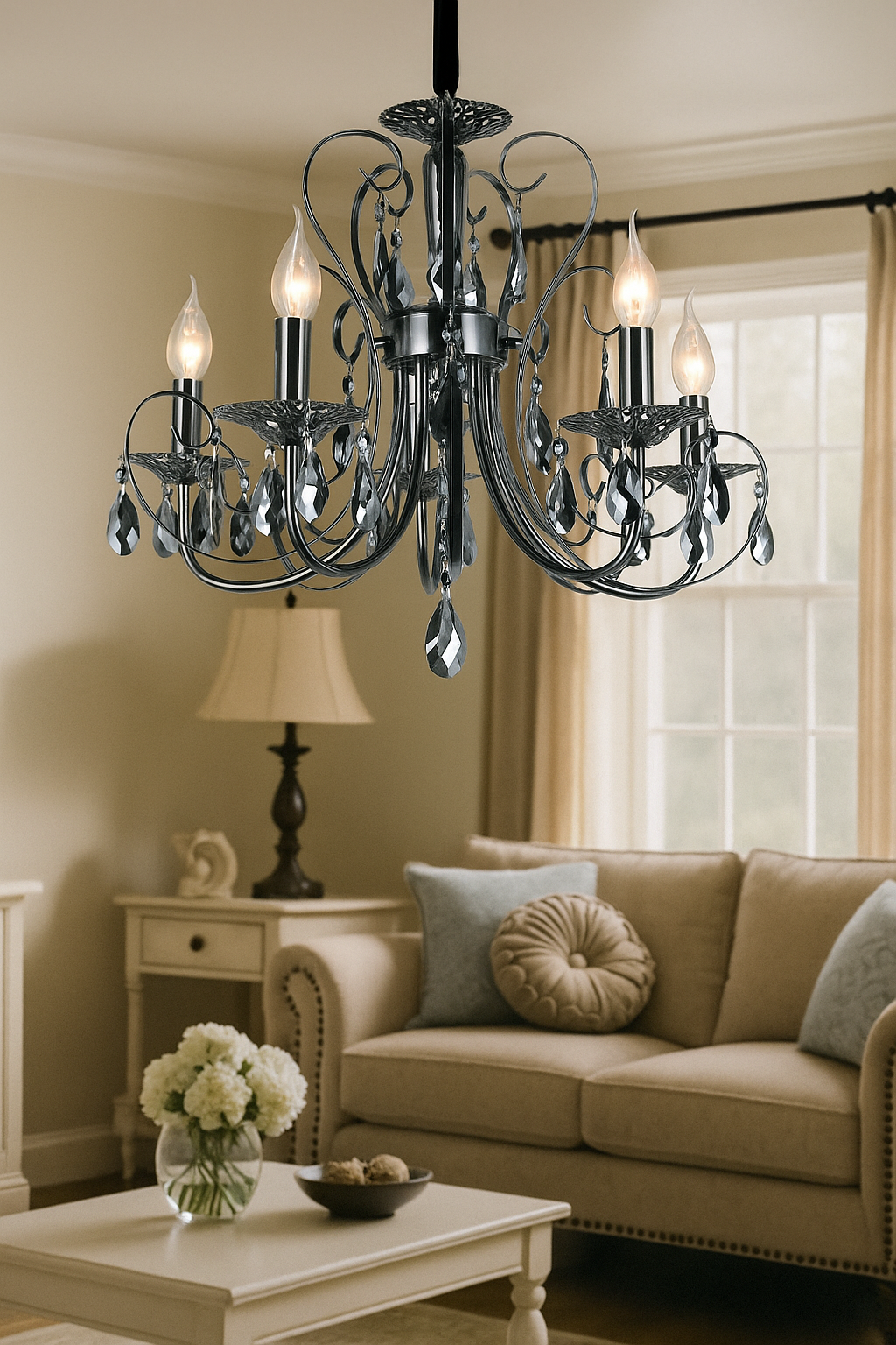 HDC 5-Light Elegant Pearl Black Crystal Chandelier For Living Room