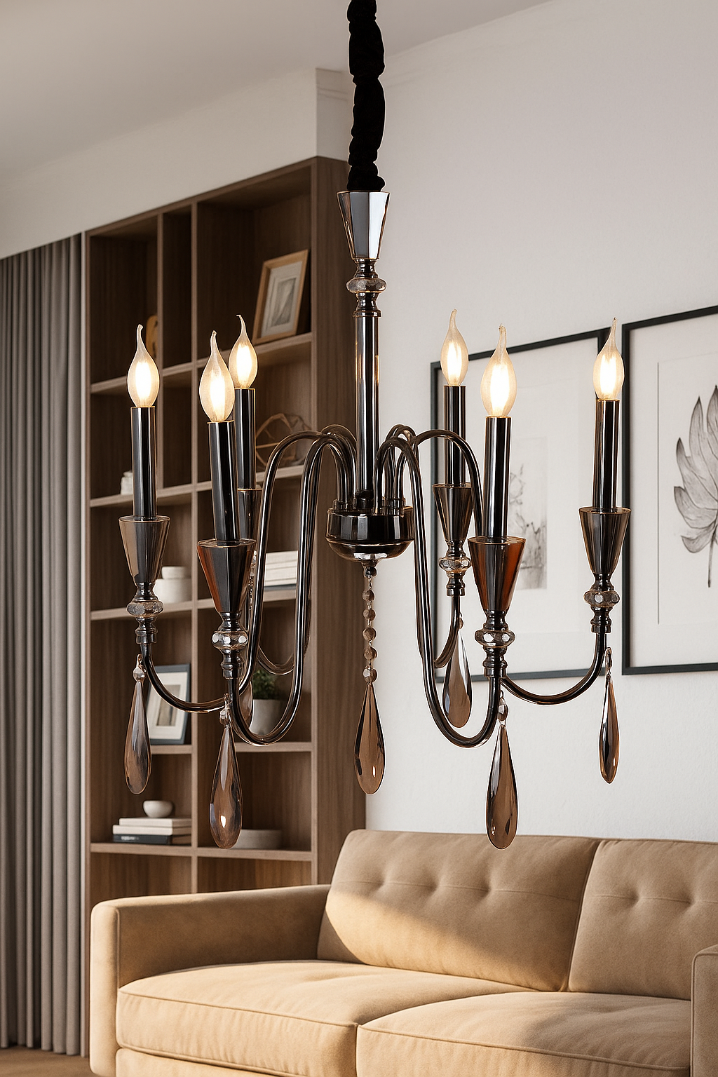 HDC Elegant Pearl Black 6-Light Crystal Chandelier – Luxury Smoke Grey Edition