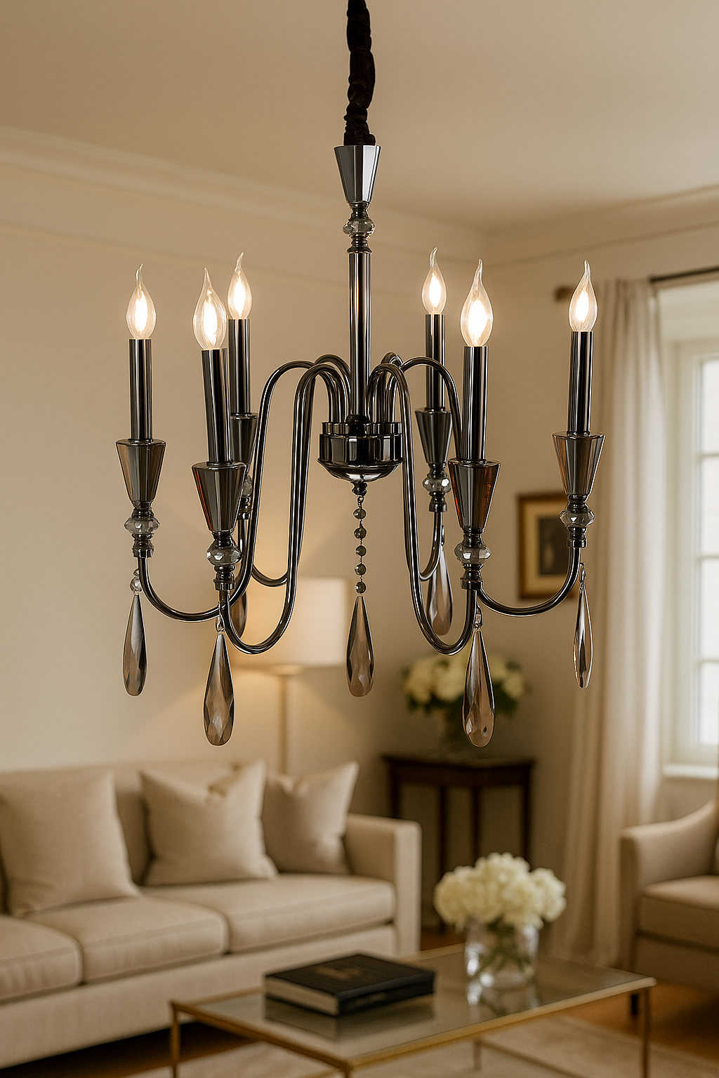 HDC Elegant Pearl Black 6-Light Crystal Chandelier – Luxury Smoke Grey Edition