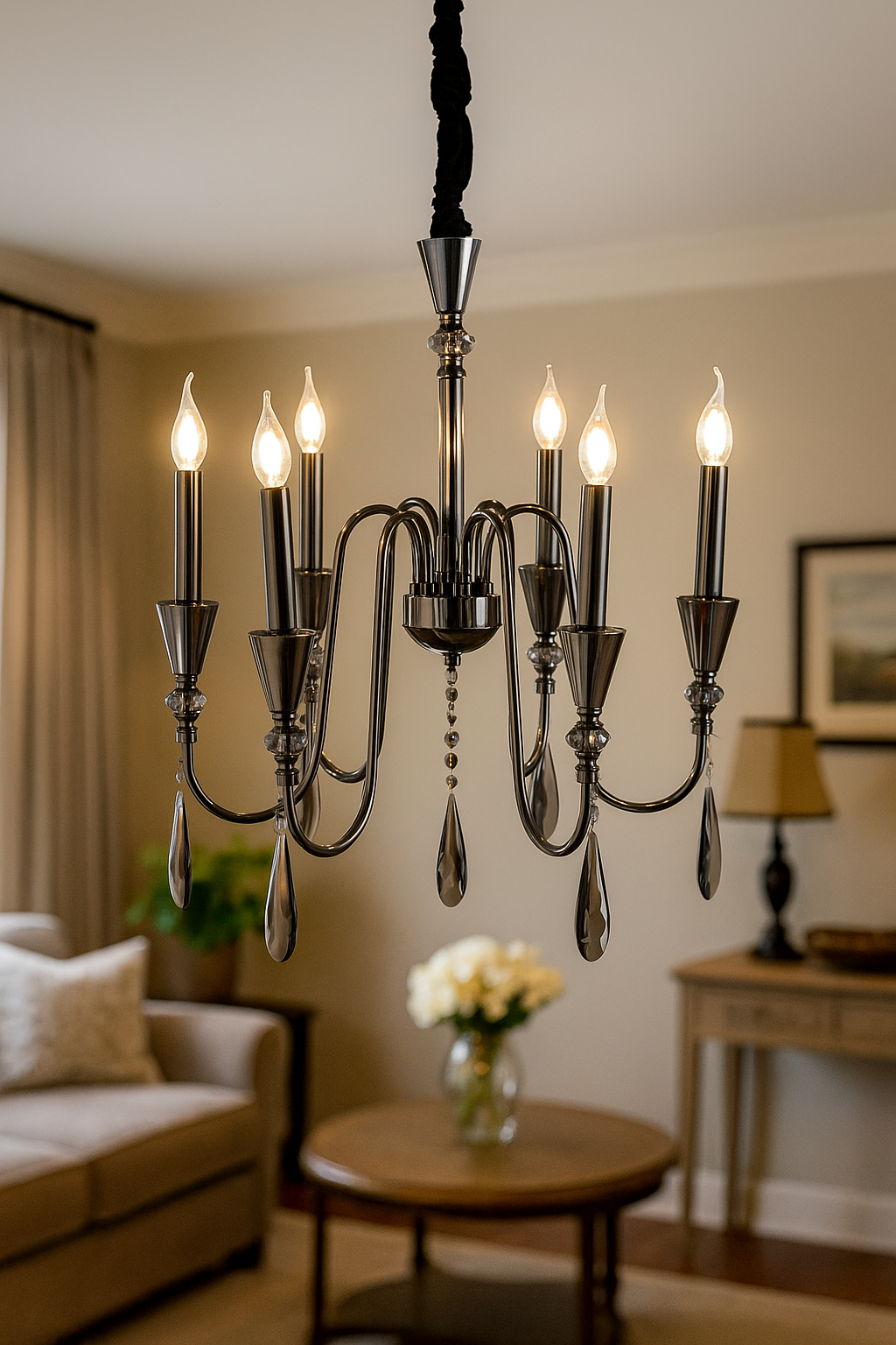 HDC Elegant Pearl Black 6-Light Crystal Chandelier – Luxury Smoke Grey Edition