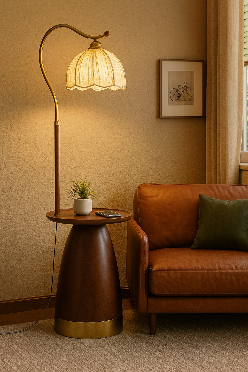 HDC Luxe Curve USB-Integrated Vintage Floor Lamp with Built-In Side Table