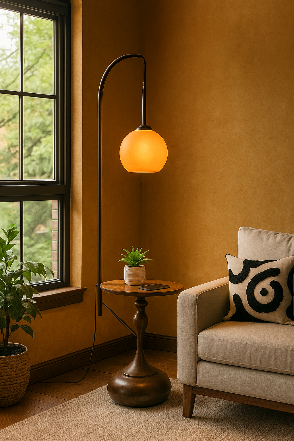 HDC Aura Sphere USB-Enabled Modern Floor Lamp with Integrated Side Table