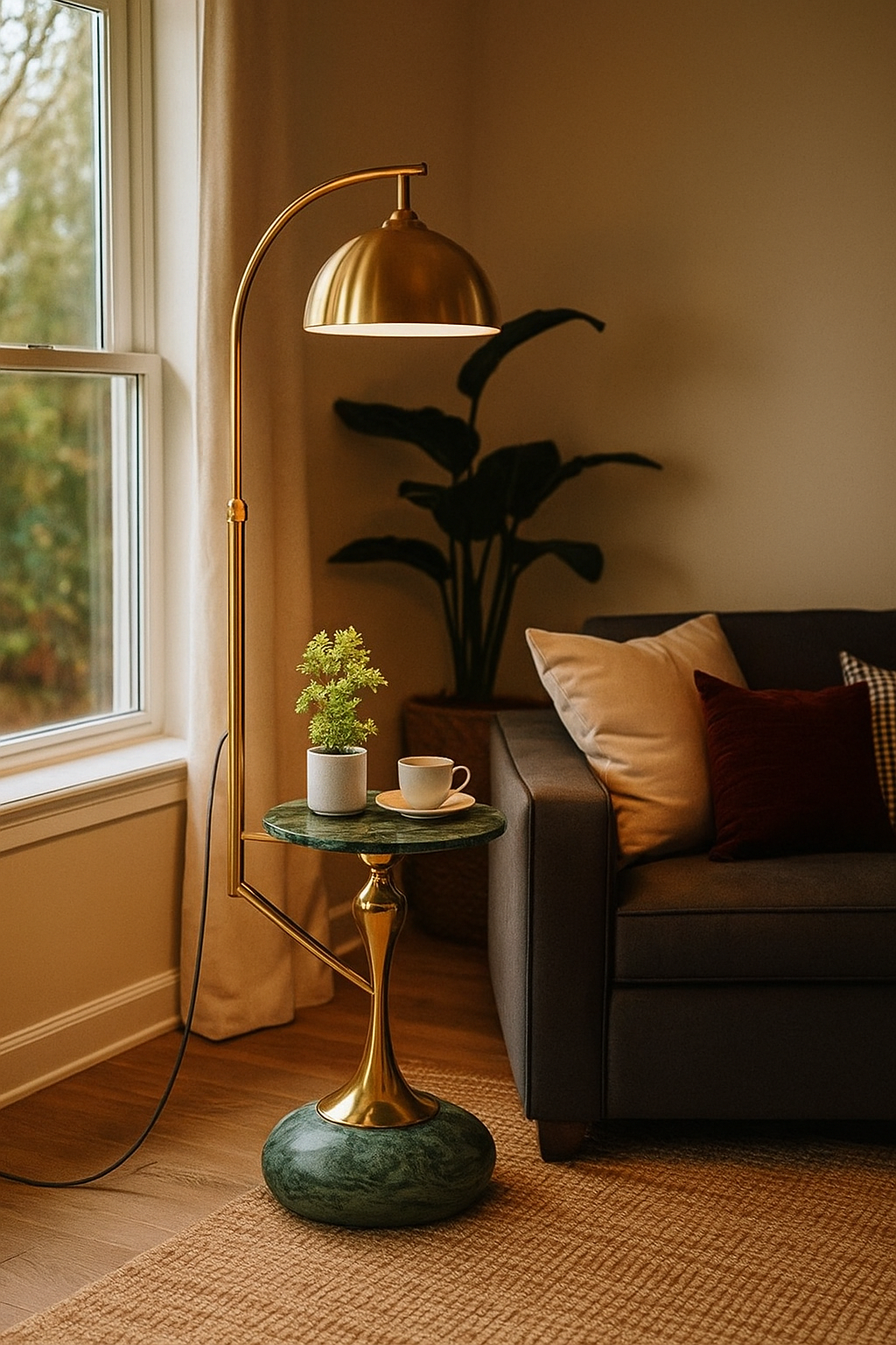 HDC LuxeDome Brass Floor Lamp with Marble Base & Integrated Side Table