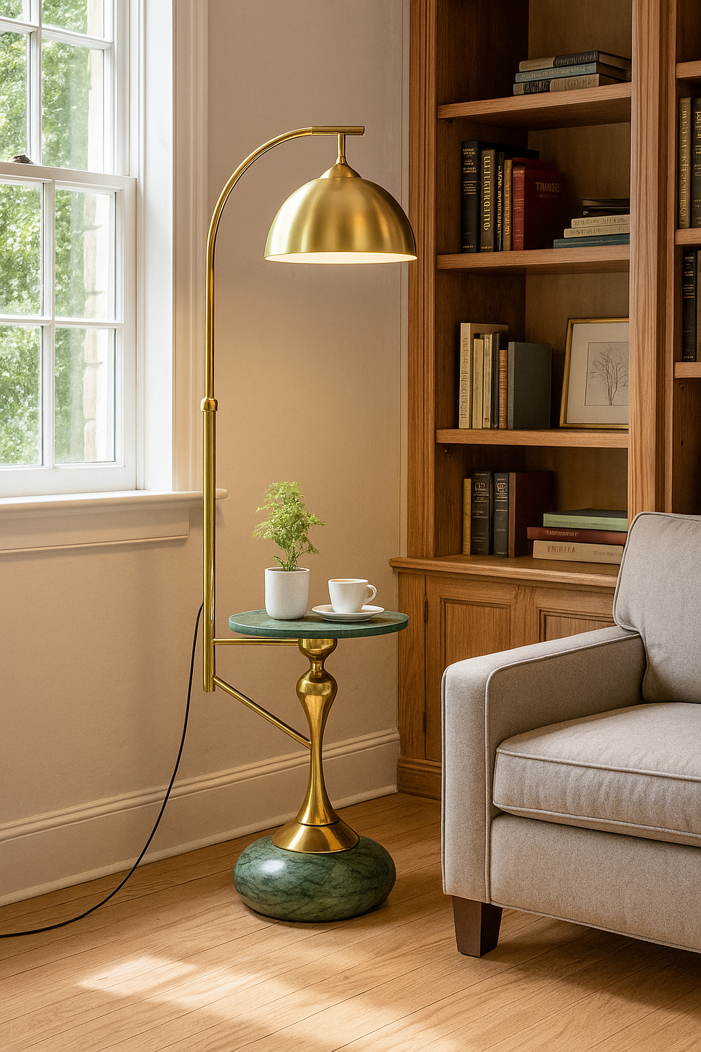 HDC LuxeDome Brass Floor Lamp with Marble Base & Integrated Side Table