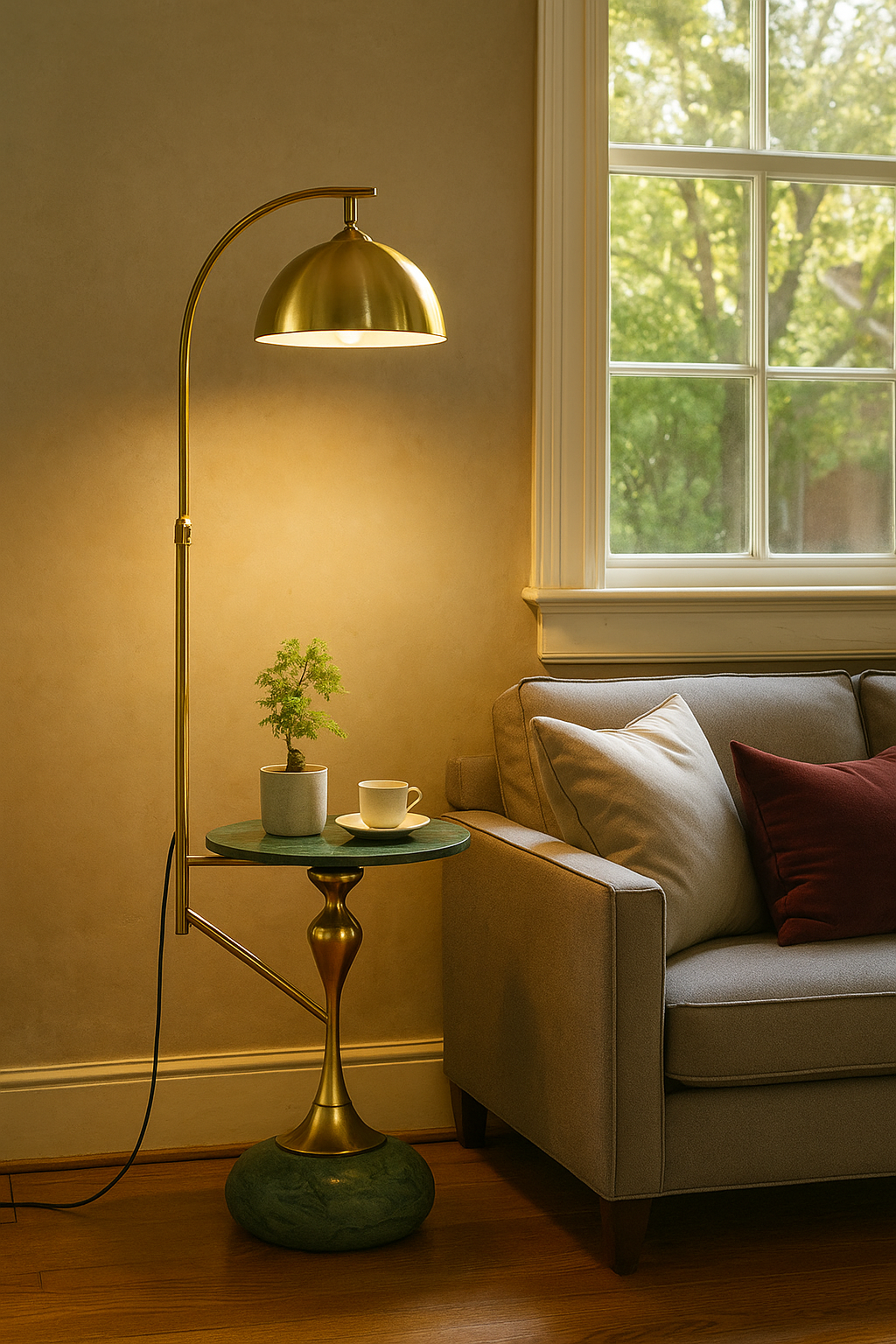 HDC LuxeDome Brass Floor Lamp with Marble Base & Integrated Side Table