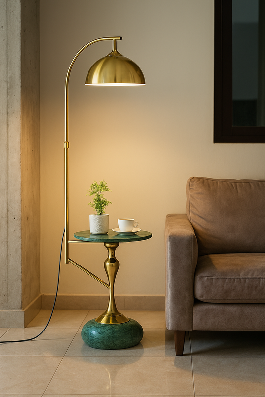 HDC LuxeDome Brass Floor Lamp with Marble Base & Integrated Side Table