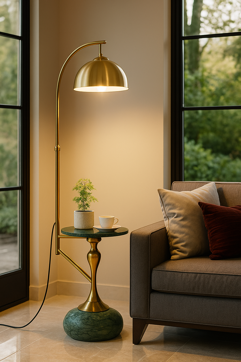 HDC LuxeDome Brass Floor Lamp with Marble Base & Integrated Side Table