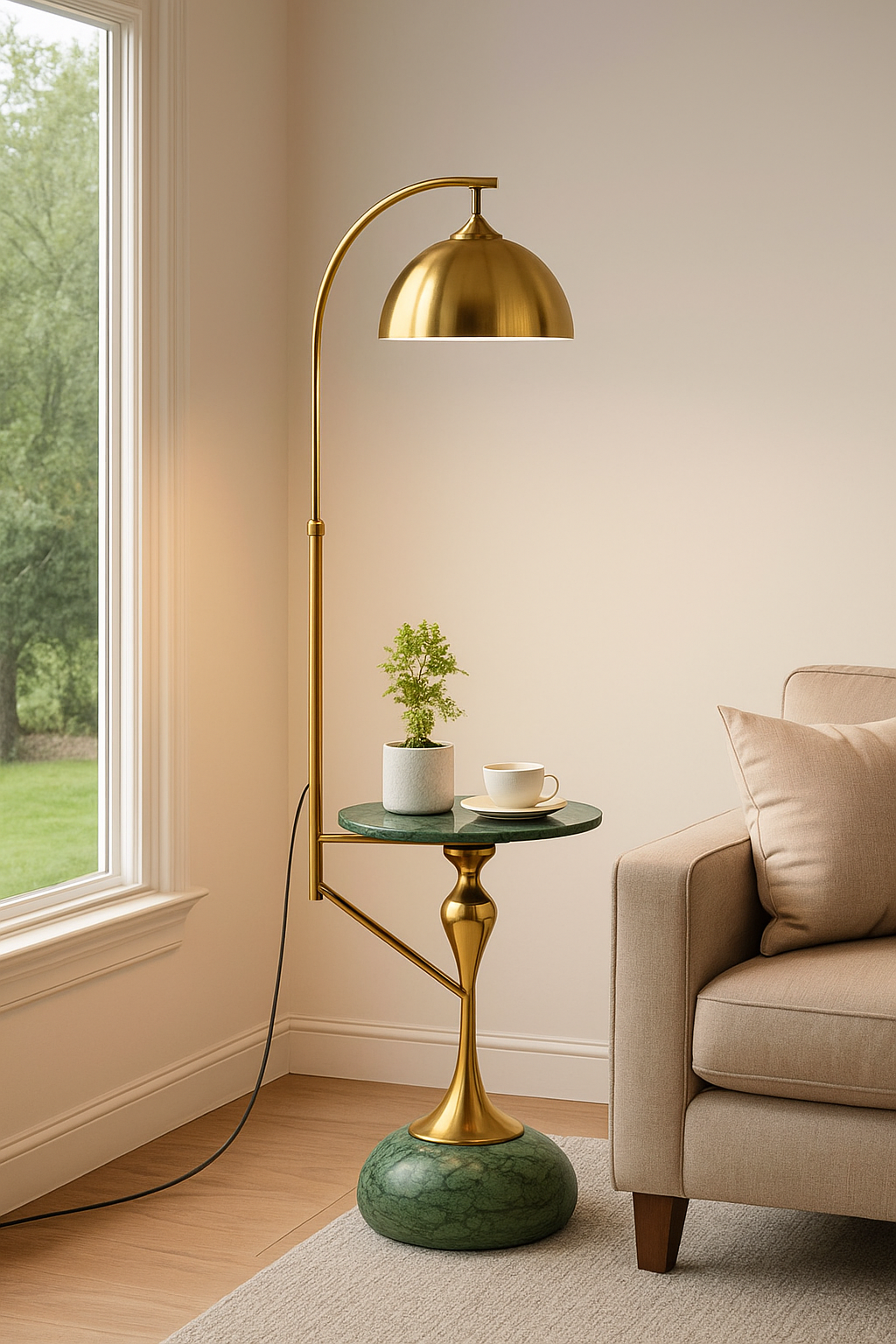 HDC LuxeDome Brass Floor Lamp with Marble Base & Integrated Side Table