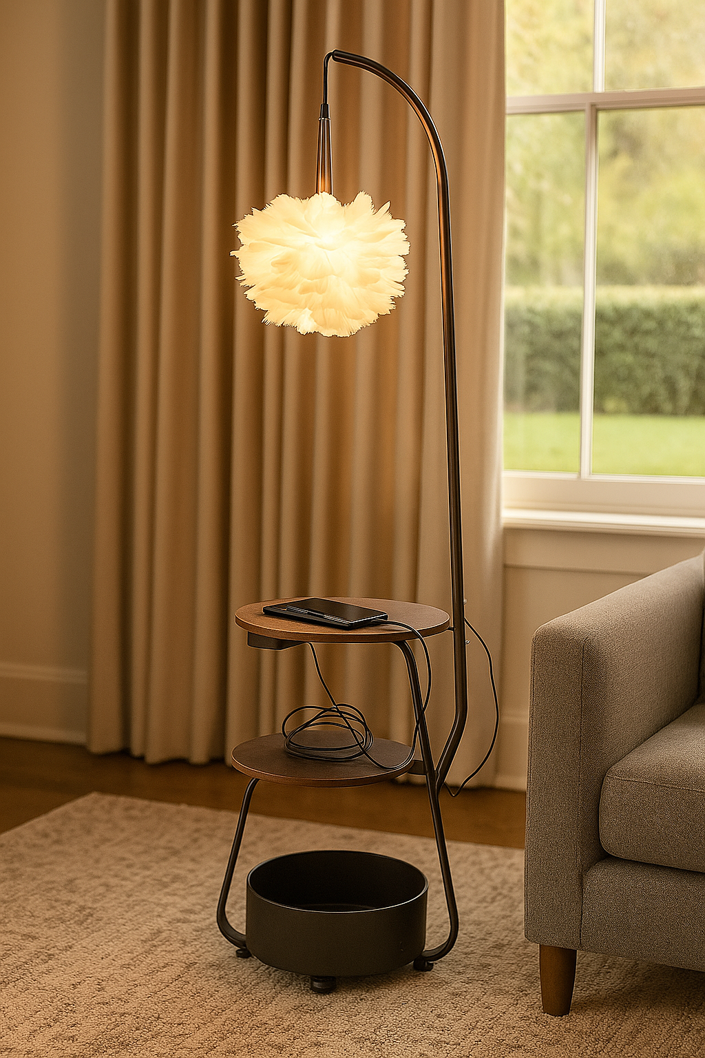 HDC Feather Glow Dual-Shelf Floor Lamp For Living Room