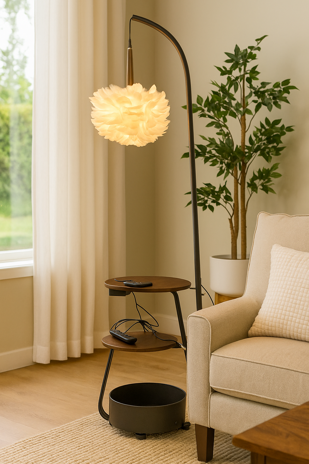 HDC Feather Glow Dual-Shelf Floor Lamp For Living Room