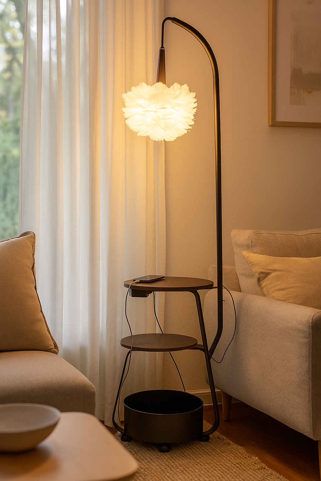 HDC Feather Glow Dual-Shelf Floor Lamp For Living Room