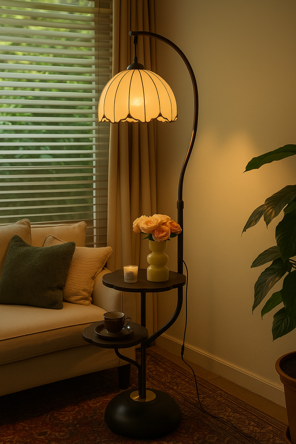 HDC Vintage Bloom Multi-Tier Floor Lamp With Dual Shelves For Living Room