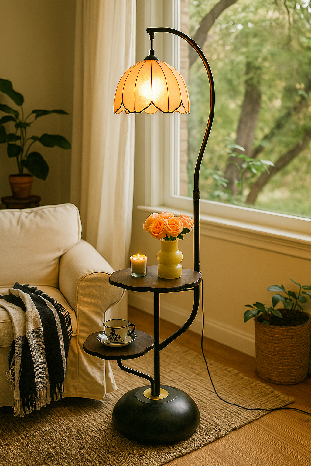 HDC Vintage Bloom Multi-Tier Floor Lamp With Dual Shelves For Living Room