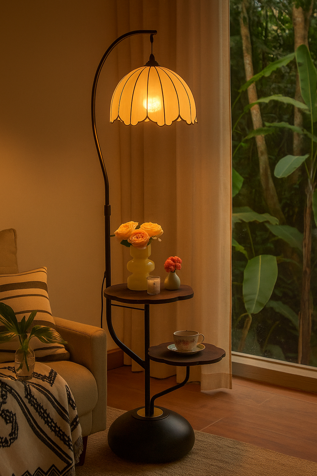 HDC Vintage Bloom Multi-Tier Floor Lamp With Dual Shelves For Living Room