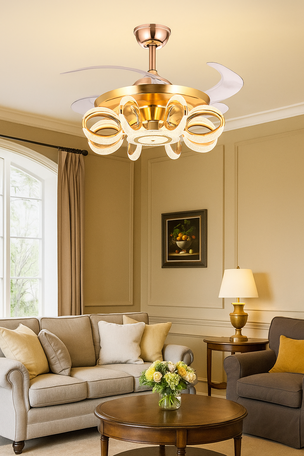 HDC Luxe Orbit Crystal Ring LED Chandelier Fan For Living Room