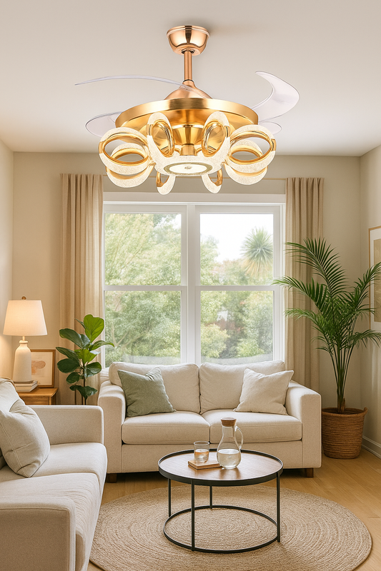 HDC Luxe Orbit Crystal Ring LED Chandelier Fan For Living Room