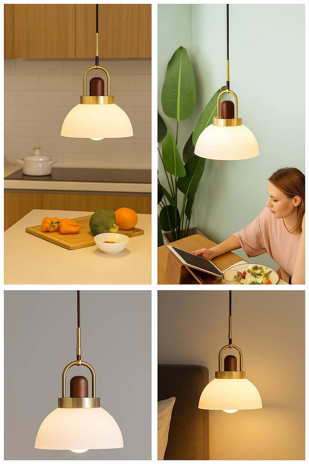 HDC Modern Premium White Dome Shade with Golden Metal Accent Elegant DecorativeGlass Pendant Light for Bedroom, Living Room