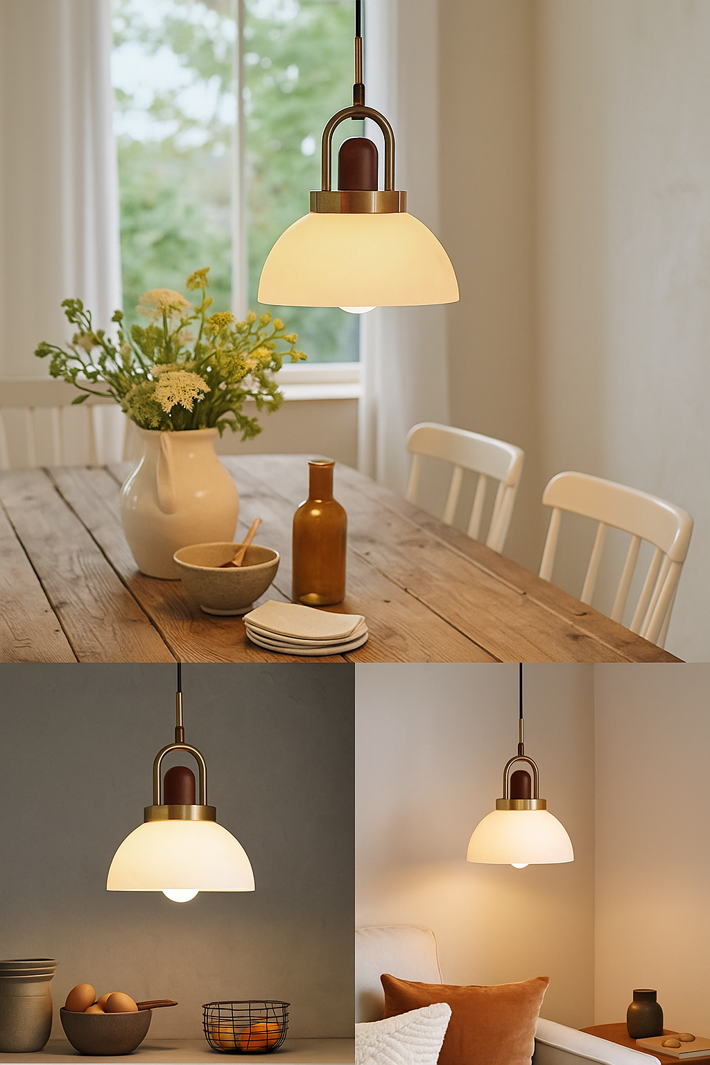 HDC Modern Premium White Dome Shade with Golden Metal Accent Elegant DecorativeGlass Pendant Light for Bedroom, Living Room