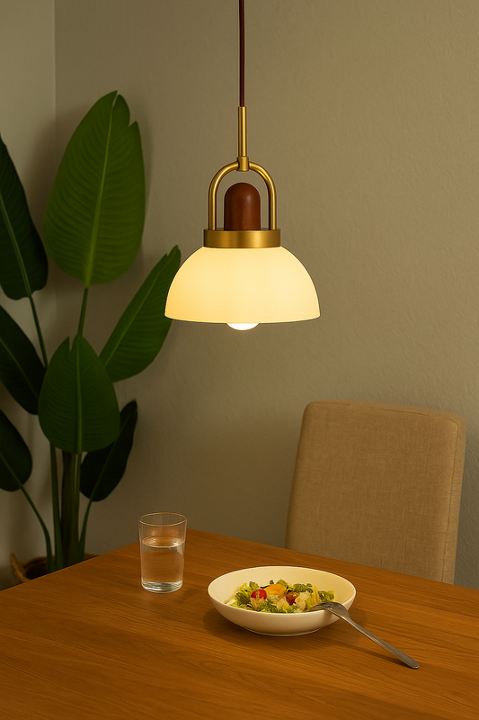 HDC Modern Premium White Dome Shade with Golden Metal Accent Elegant DecorativeGlass Pendant Light for Bedroom, Living Room