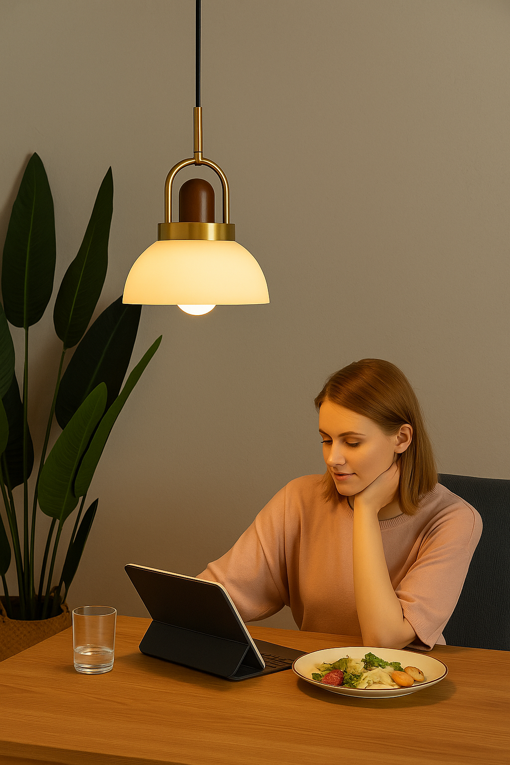 HDC Modern Premium White Dome Shade with Golden Metal Accent Elegant DecorativeGlass Pendant Light for Bedroom, Living Room