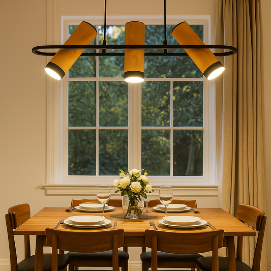 HDC 3-Lights Modern Wooden Cylinder Pendant Chandelier Linear Hanging Lamp For Dining Table, Living Room & Restaurants