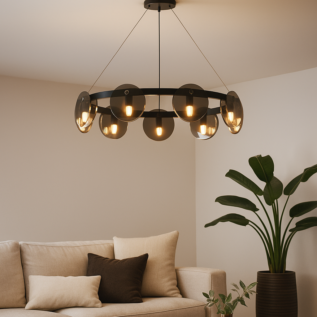 HDC Aura Globe 6-Light Modern Ring Chandelier with Smoky Glass Globe Ceiling Hanging Light for Living Room, Dining Room & Foyer