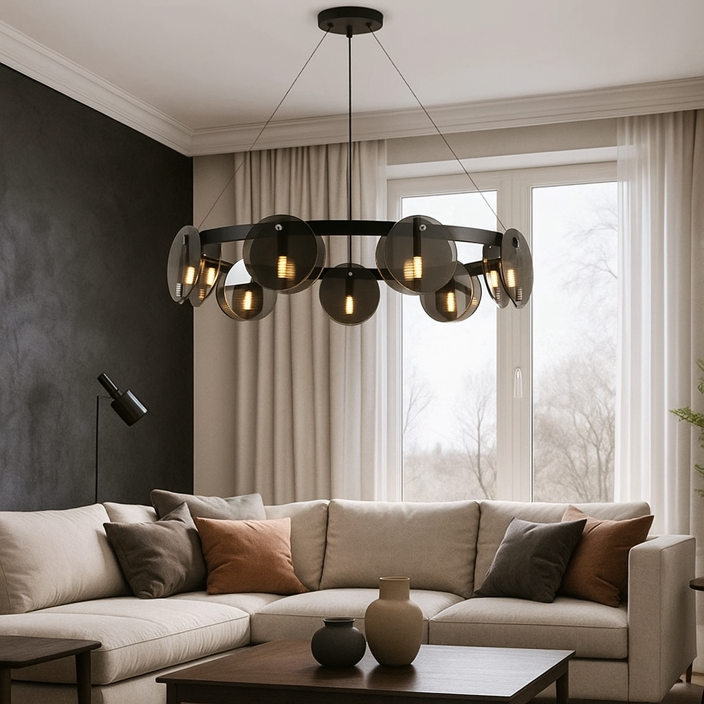 HDC Aura Globe 6-Light Modern Ring Chandelier with Smoky Glass Globe Ceiling Hanging Light for Living Room, Dining Room & Foyer