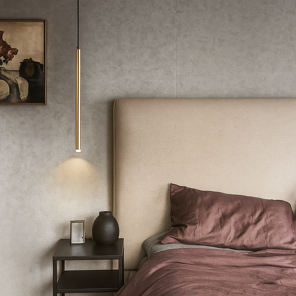 HDC Slim Gold Tube Modern Minimal Hanging LED Lamp for Bedside, Dining & Living Spaces