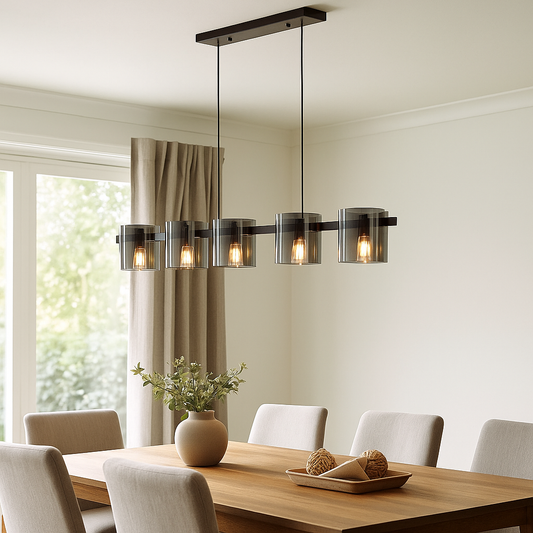 HDC Modern 5-Light Black Metal with Smoked Glass Linear Pendant Chandelier For Dining Table, Kitchen Island & Living Room
