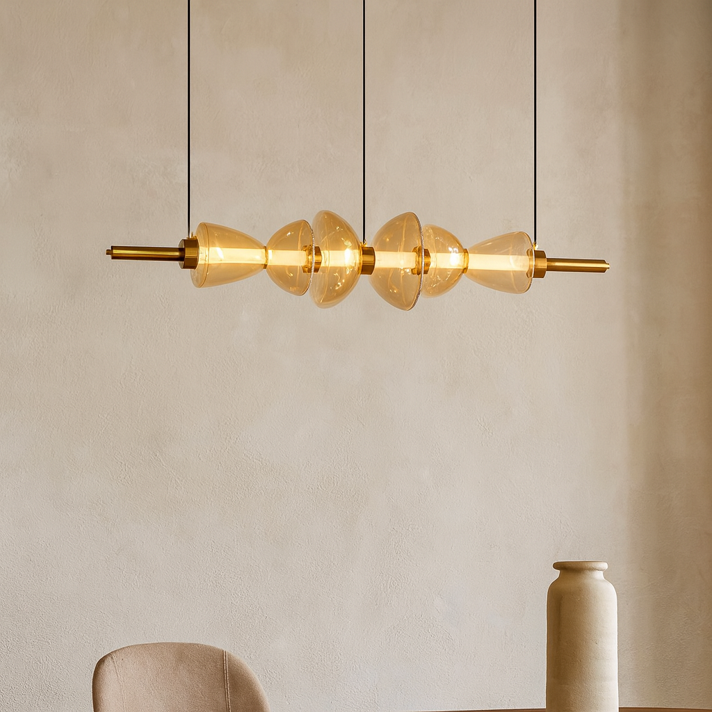 HDC Modern Gold-Finish Amber/Smoke Linear Glass Pendant Light for Dining Table, Kitchen Island & Living Spaces