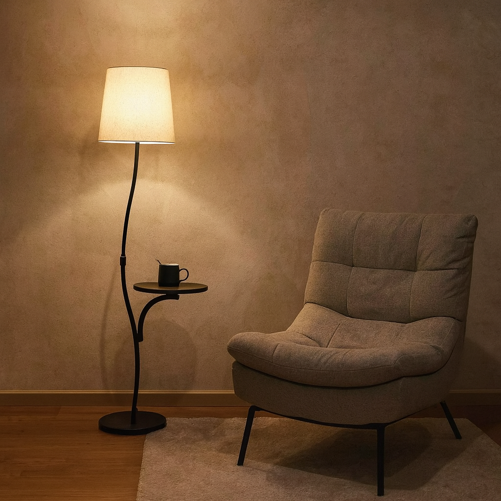 HDC Curved Floor Lamp with Integrated Side Table & White Fabric Shade For Living Room