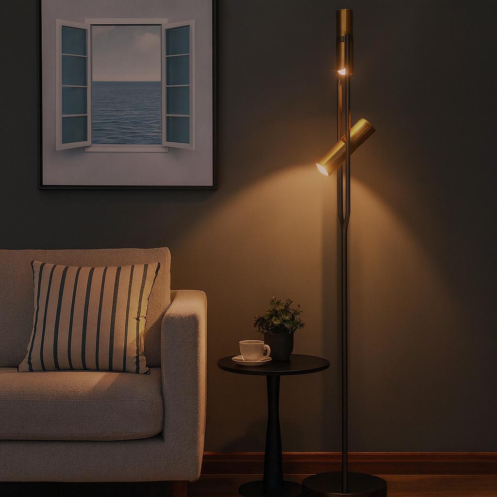 HDC Matte Black & Gold Finish Twin-Beam Modern Metal Adjustable Dual Spot Heads Floor Lamp