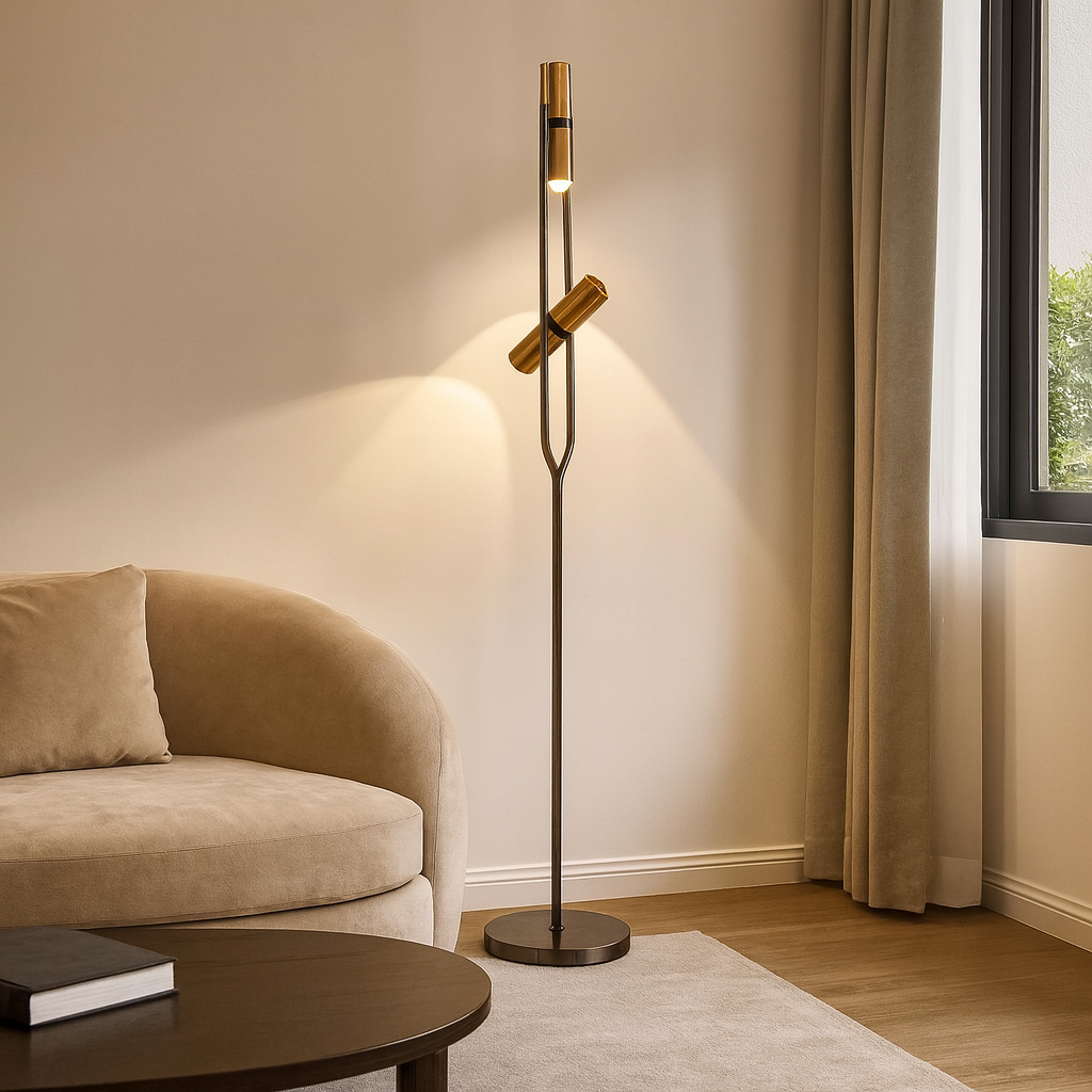 HDC Matte Black & Gold Finish Twin-Beam Modern Metal Adjustable Dual Spot Heads Floor Lamp
