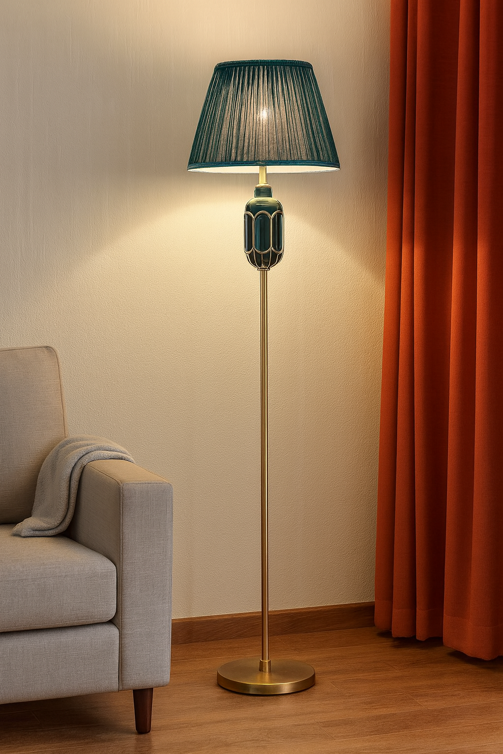 HDC Luxe Emerald Green Shade Brass Floor Lamp For Living
